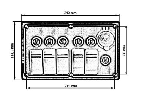 Panel przełączników ALU, ON-OFFx5, 1xGZ, BA 3x5A 2x10A 1x15A IP68